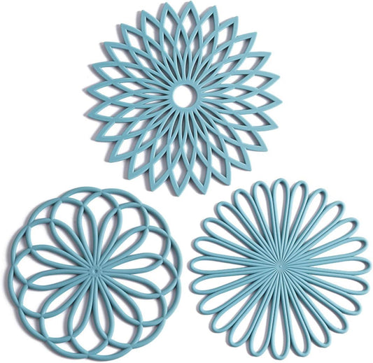 Set of 3 Silicone Trivet Mat - Non-Slip & Heat Resistant Modern Kitchen Hot Pads for Table & Countertop - Trivet for Hot Dishes, Turquoise