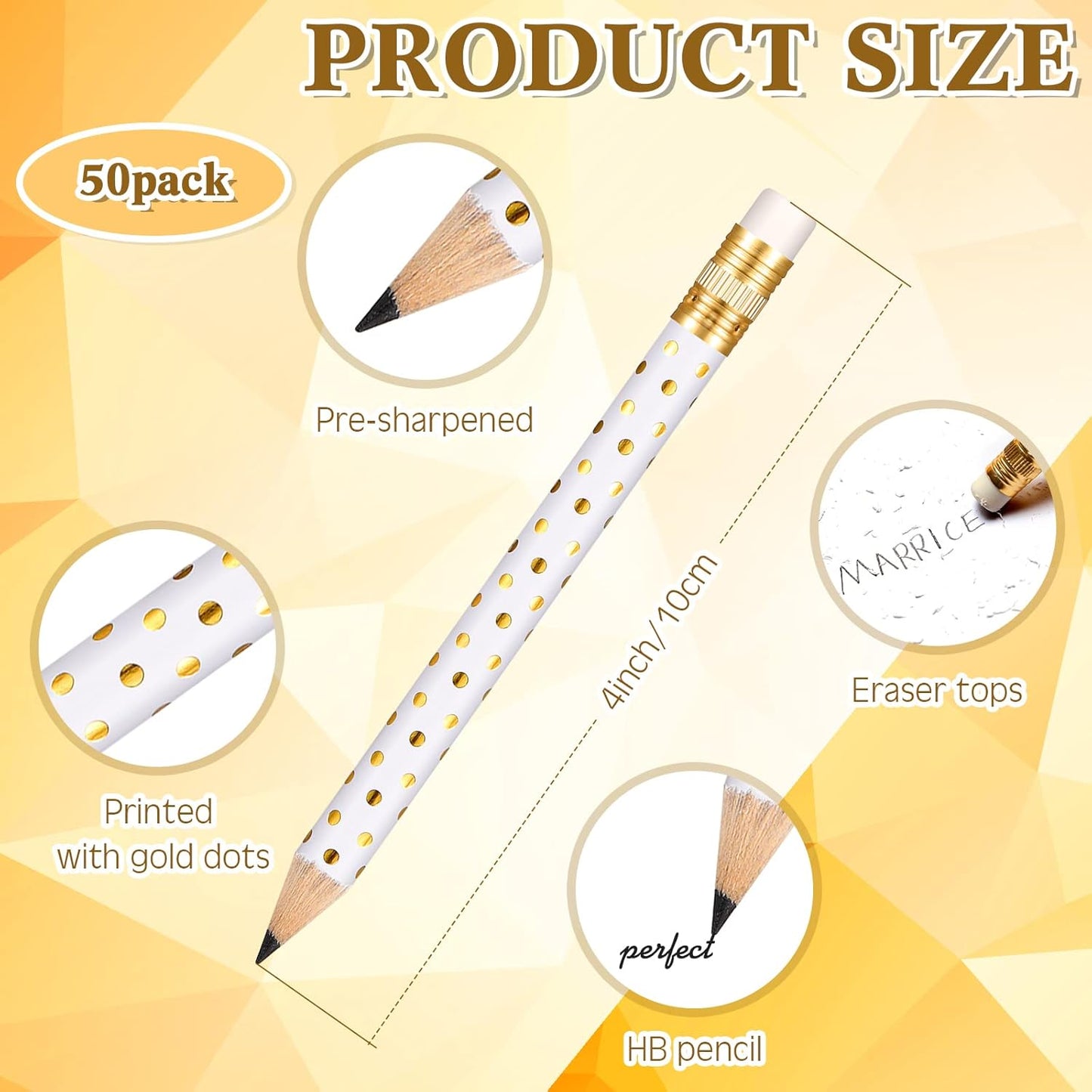 Crtiin 50 Pcs Mini Golf Pencils with Eraser Pre Sharpened 4 Inch Pocket Half Pencils for Bridal Shower Baby Shower Wedding Game School Office Supplies Party Favors Prize Gift(White and Gold,Dot)