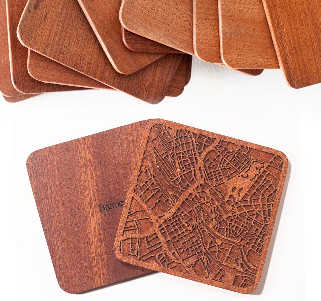 Bremen Map Coaster by O3 Design Studio, Set Of 4, Sapele Wooden Coaster With City Map, Handmade