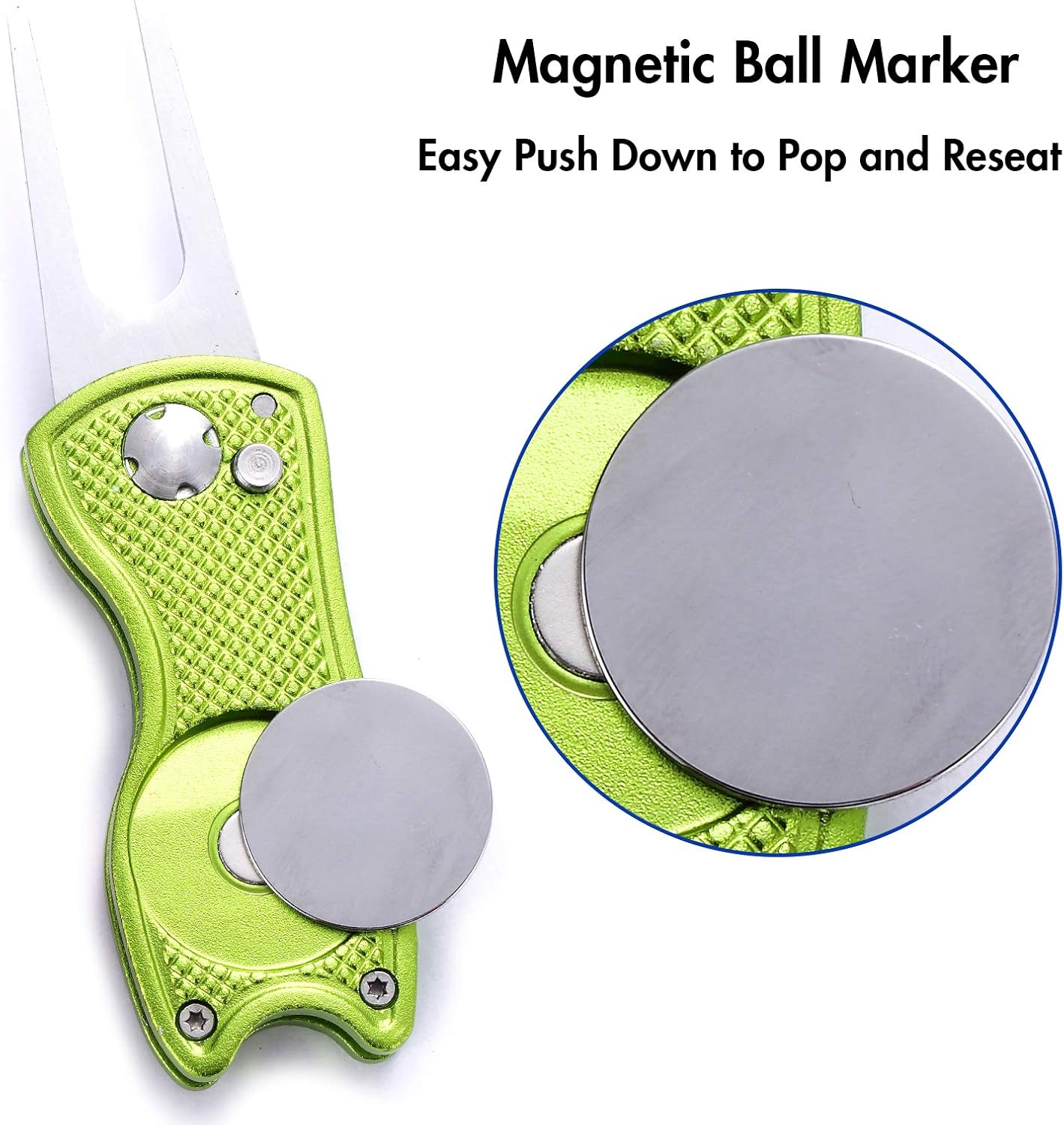 2 Pack Metal Foldable Golf Divot Tool with Pop-up Button & Magnetic Ball Marker (Pack of 2, Fish Design)