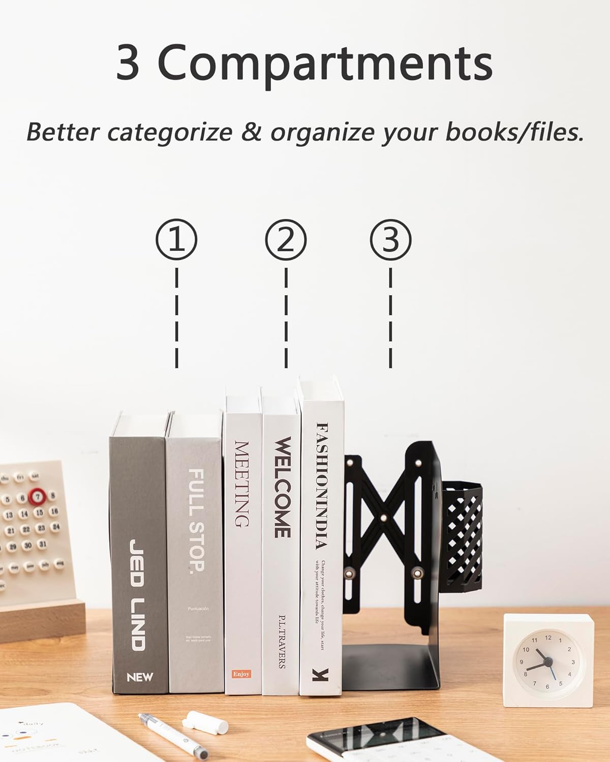 Kingsmile Book Ends, Adjustable Bookends for Shelves, Metal Bookends for Heavy Books, Book Stopper Organzier with Pen Holder for Desk, Kids Room, Office, Classroom, Library, Study Room.(Black)