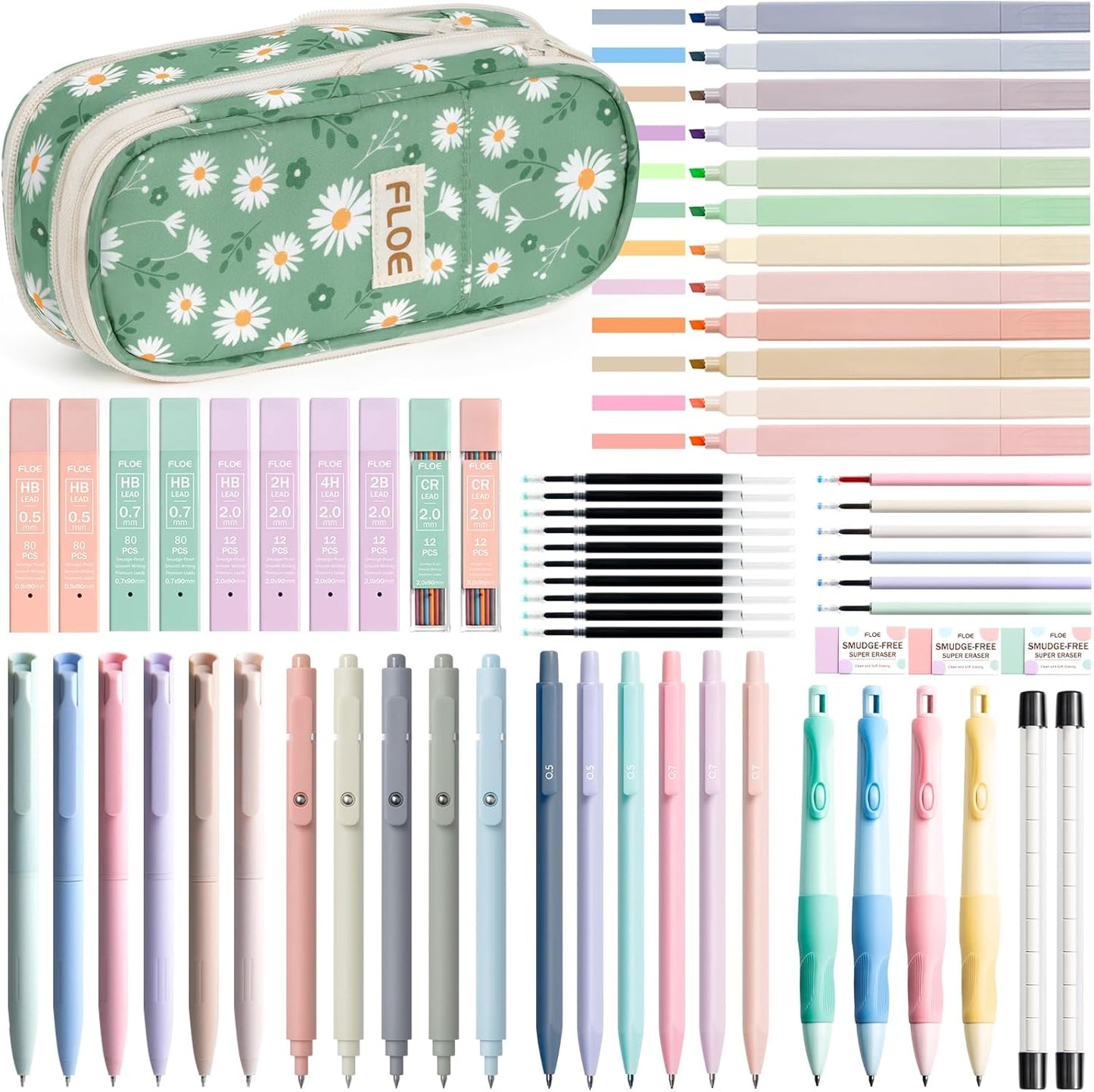 65PCS Aesthetic School Supplies with Cute Pencil Case, Pastel Highlighters Gel Pens Mechanical Pencils Set 0.5 0.7 & 2.0mm, Office Back to School Supplies College Essentials Kit Student Stationary Set
