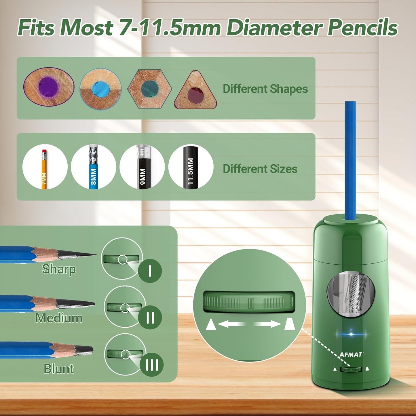AFMAT Electric Pencil Sharpener, Rechargeable Fully Automatic Pencil Sharpener for Jumbo & Colored Pencils (7-11.5mm), Auto in/Out, Hands-Free, Portable for Home/Classroom/Office PSX6(Green)