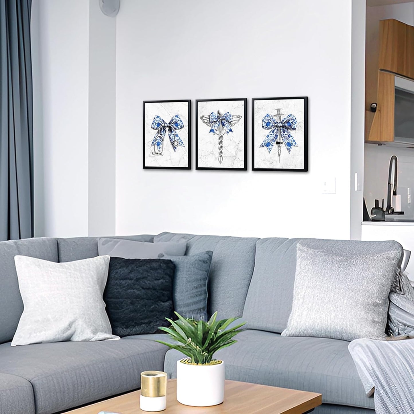 KREATIVE ARTS Blue and White Porcelain Medical Canvas Wall Art Black Frame Stethoscope Syringe Winged Medical Symbol Prints Chinese Style Decor for Nurse Doctor Office Clinic Hospital 12x16 Inches Set of 3