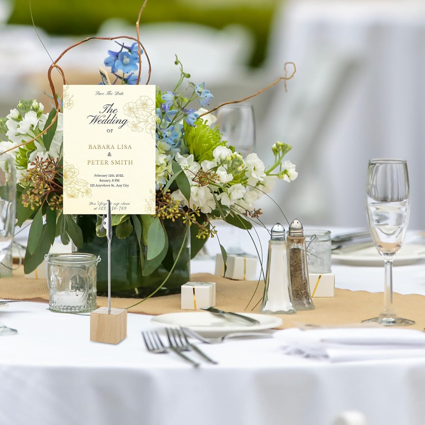 50 Pcs Place Card Holder Cube Photo Clips Holder with Alligator Clip, 4.7 x 1 Inch Table Number Holders Cube Base Memo Clips Holders for Displaying Pictures Number Card Wedding Party (Wood)