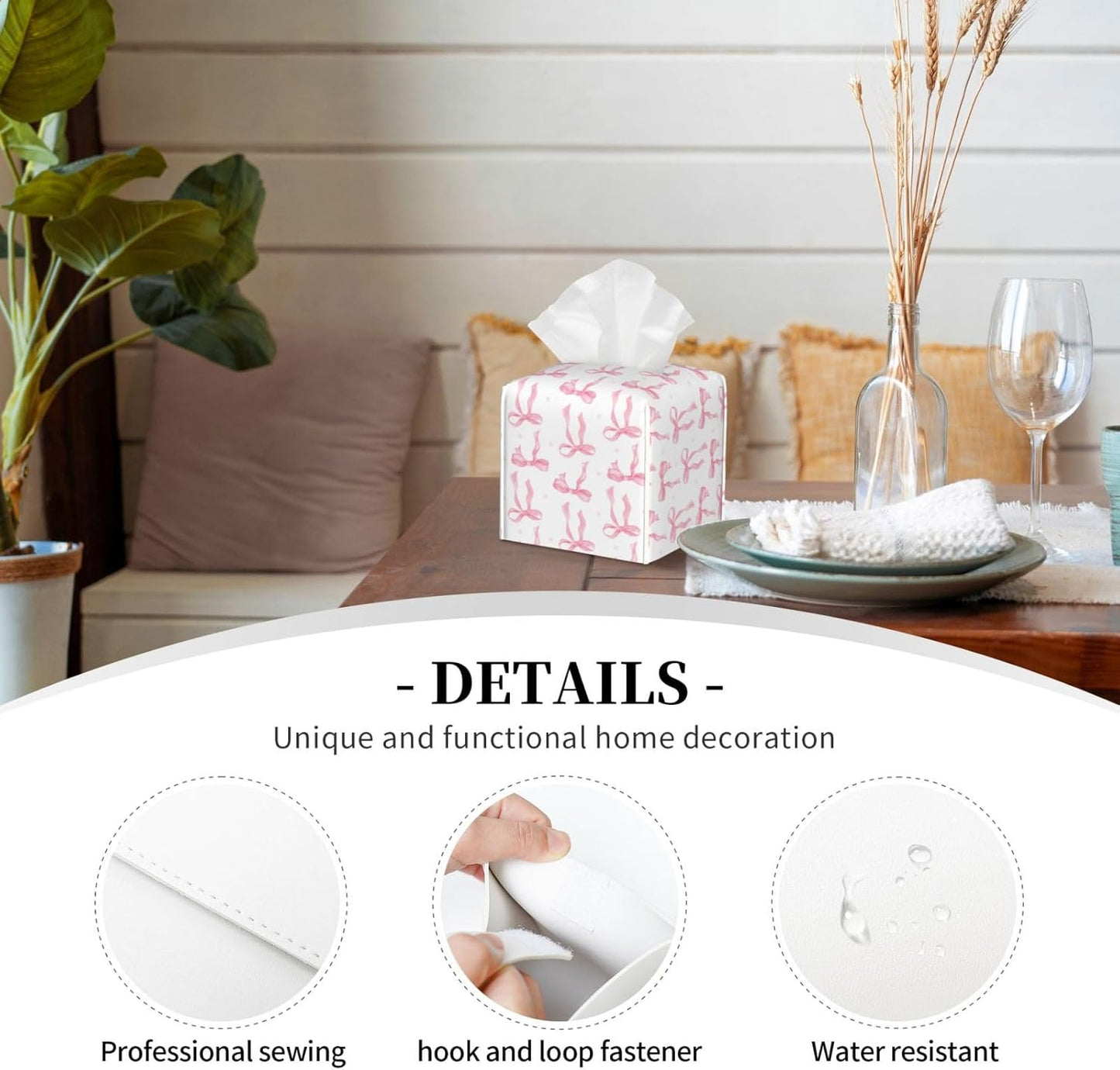 Pink Bow Tissue Box Holder Paper Organizer, PU Leather Tissue Case Cover, Bow Decor for Bathroom, Kitchen, Car