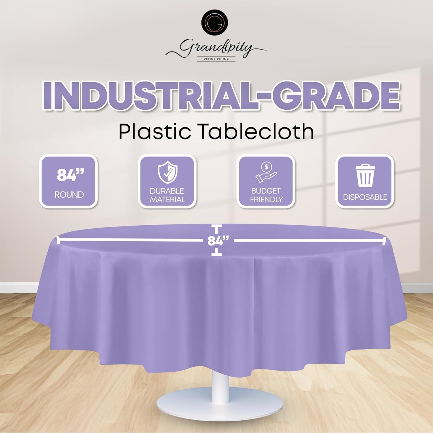 Grandipity 12 Pack Premium Disposable Plastic Tablecloth 84" Inch Decorative Round Table Cover - Lavender