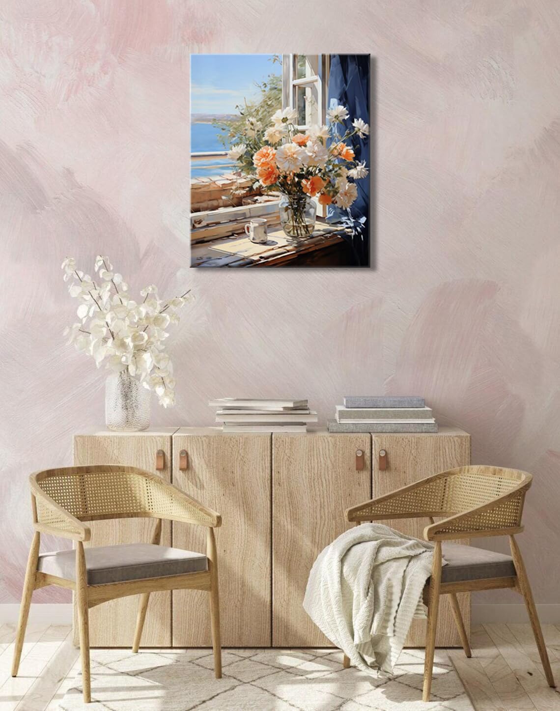 dgbtcart Beach Flowers Bathroom Wall Art Ocean Theme Wall Decor Windowsill Flower Picture Canvas Print Floral Painting Coastal Seascape Artwork for Bedroom Office Decoration 16"x24"inch