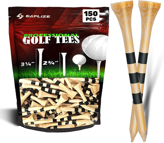 SAPLIZE Bamboo Golf Tees Pack of 100 or 150, Four Size Options (3-1/4", 2-3/4", 2-1/8", 1-1/2"), Stable and Reliable Golf Tees, Available in Natural Color