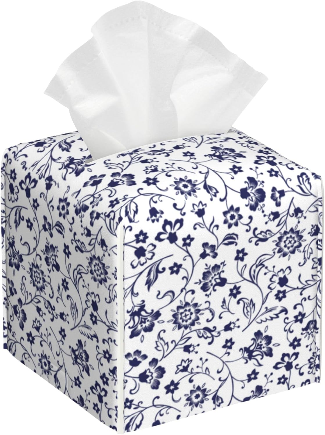 Blue and White Tissue Box Cover Square, Abstract Blue Flowers Tissue Box Holder,Waterproof Leather Facial Paper Organizer Dispenser for Bathroom Home Car Decor