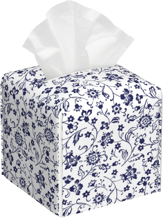 Blue and White Tissue Box Cover Square, Abstract Blue Flowers Tissue Box Holder,Waterproof Leather Facial Paper Organizer Dispenser for Bathroom Home Car Decor
