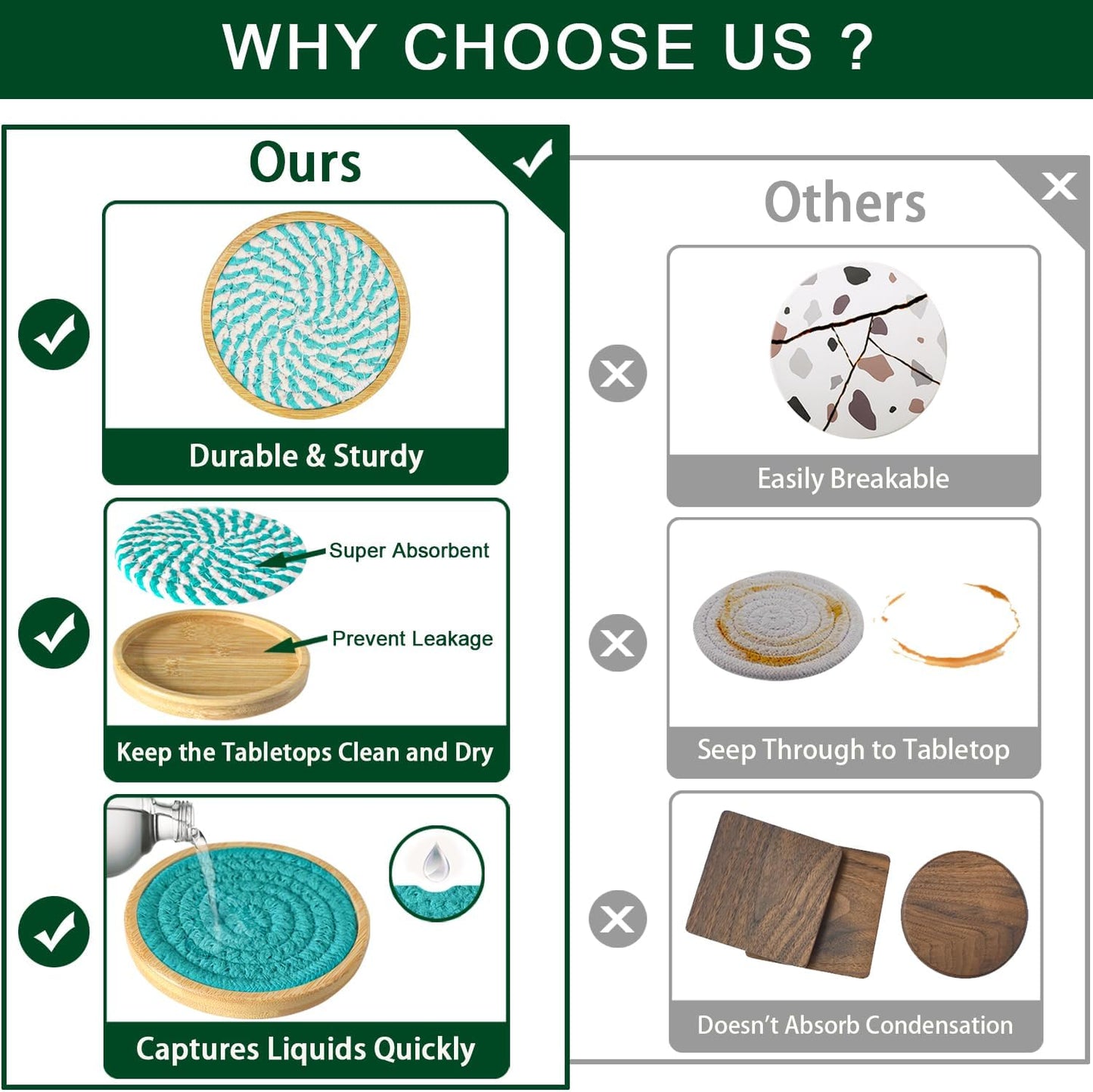 Bamboo Coasters for Drinks, Absorbent Coaster Sets of 5, Woven Drink Coasters for Coffee Table, Housewarming Gift for Farmhouse Home Decor,4 inches (Lake Blue Series)