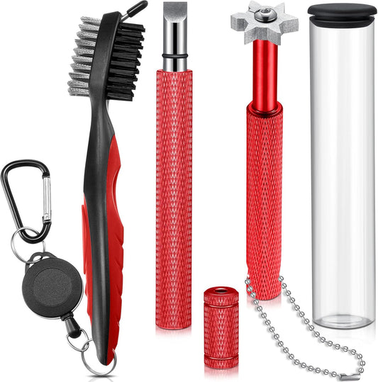 Skylety 3 Pieces Golf Club Groove Sharpener Retractable Brush and 6-Head Groove Sharpener Re-Grooving Tool and Cleaner for All Golf Irons Pitching, Sand, Lob, Approach Wedges, Utility Clubs (Red)