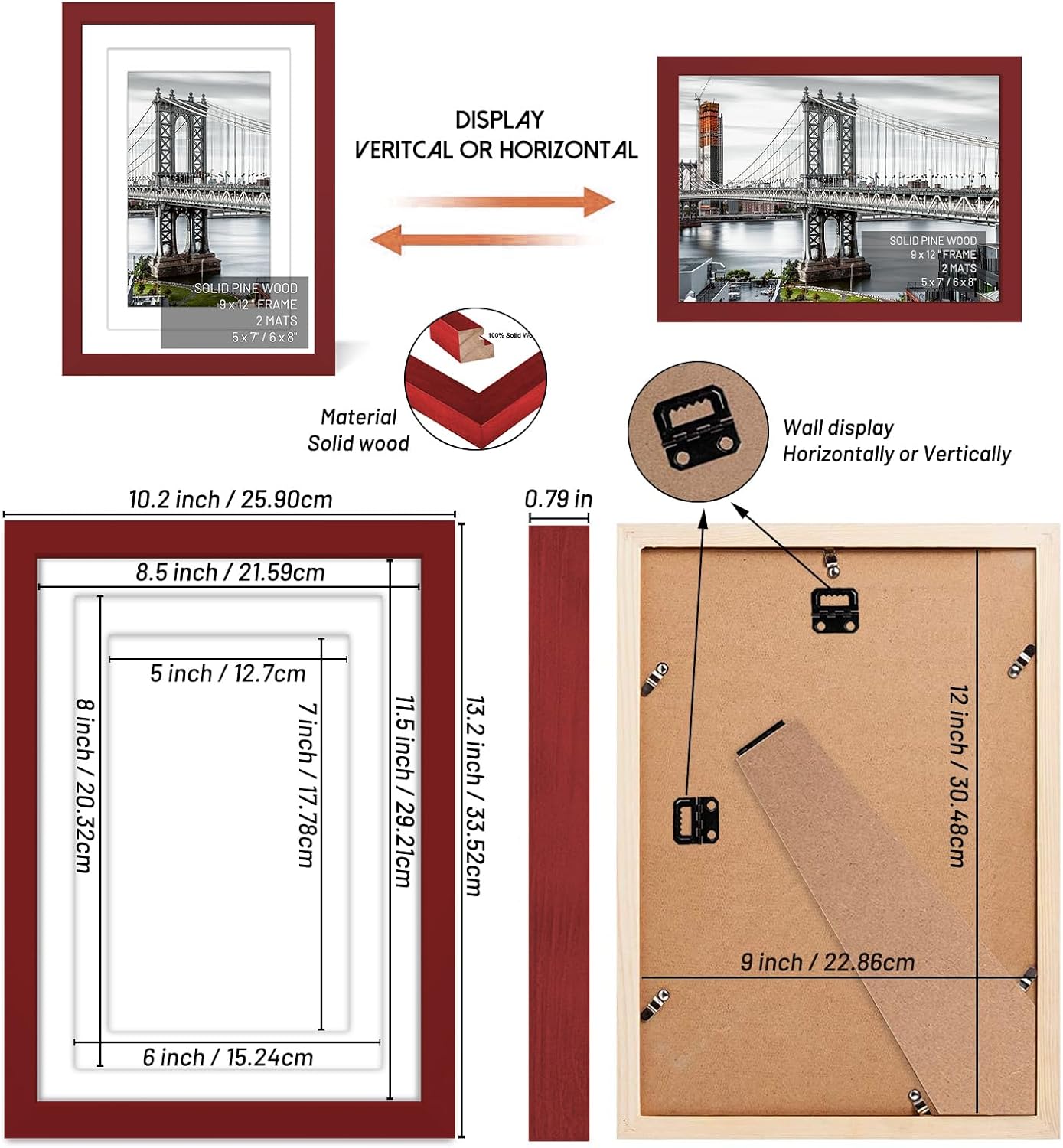 9x12 Solid Wood Picture Frames - 6x8 & 5x7 with or without Mat, Wall Mount or Table Top (Red)