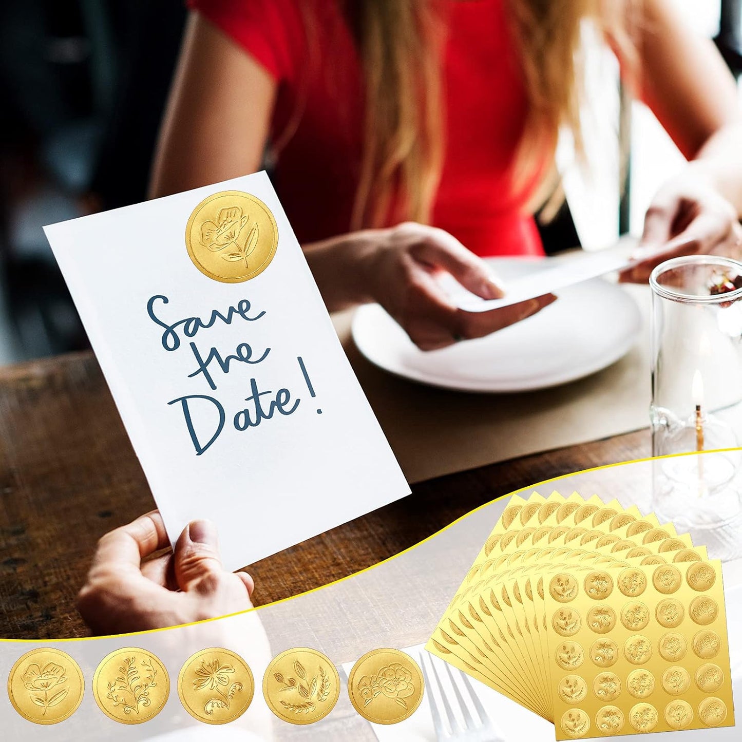 Chinco 500 Pieces Gold Embossed Envelope Seals Stickers Adhesive Seal Stickers Vintage Embossed Foil Certificate Kit Plant DIY Labels for Wedding Invitations Envelopes, 5 Patterns(Flower Style)