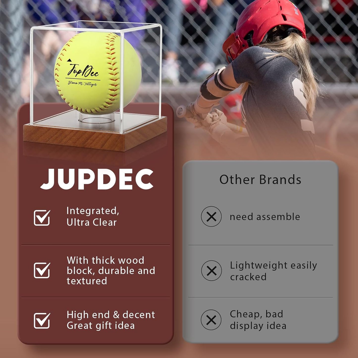 JupDec Softball Display Case Clear Acrylic Ball Holder, UV Protected Cube with Wood Base Stand, Championship Sports Collections Box Showcase