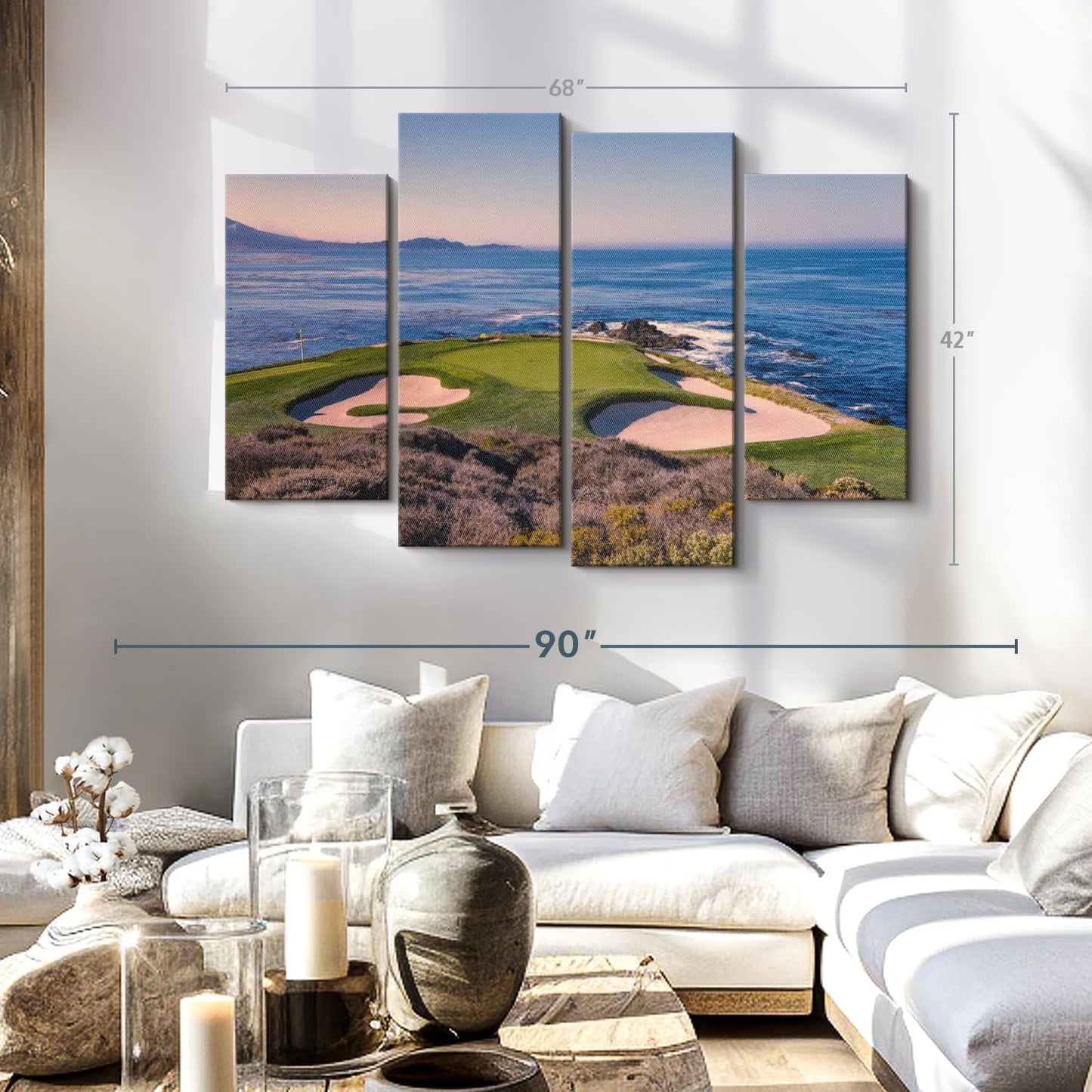 Elephant Stock Pebble Beach Golf Club Wall Art - Horizontal Canvas - 4-Piece Living Room Wall Decor - Luxury Photography Canvas Print - Beige and Blue Decor for Wall - 68" X 42"