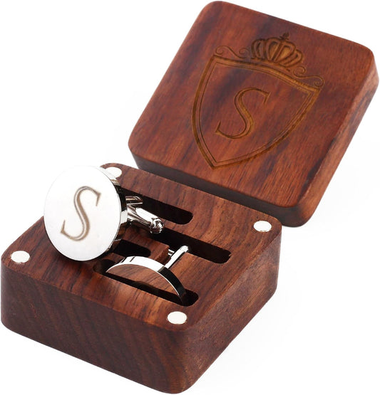 Mens Initial Silver Cufflinks A-Z Alphabet Letter Steel Cuff Links with Engraved Walnut Wood Box Groom Groomsman Wedding Set…