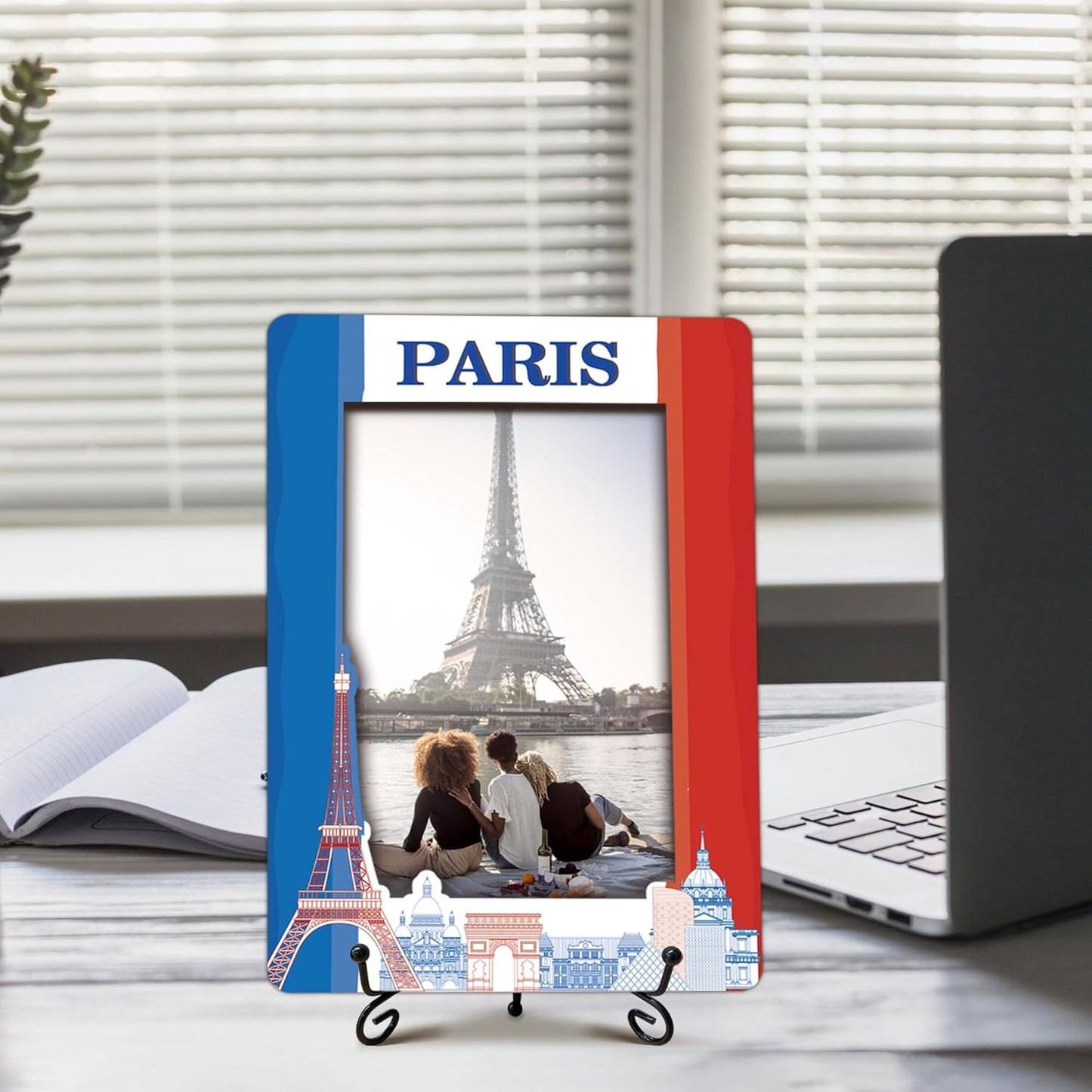 Paris Travel Picture Frame, 5 x 8 Paris Themed Wooden Photo Frame with Stand, Vacation Anniversary Honeymoon Gifts For Friend Family Couples, Home Office Desk Decorations-A19