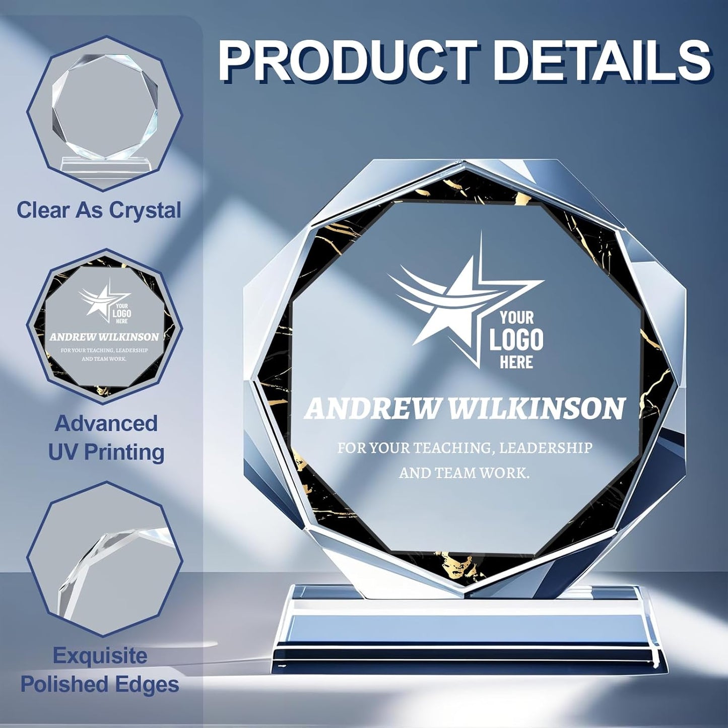 Personalized Crystal Trophy Award - Custom Plaque w/Engraved Text Logo - Employee Appreciation Gifts, Farewell Retirement Gifts - Custom Trophy and Employee Recognition Awards