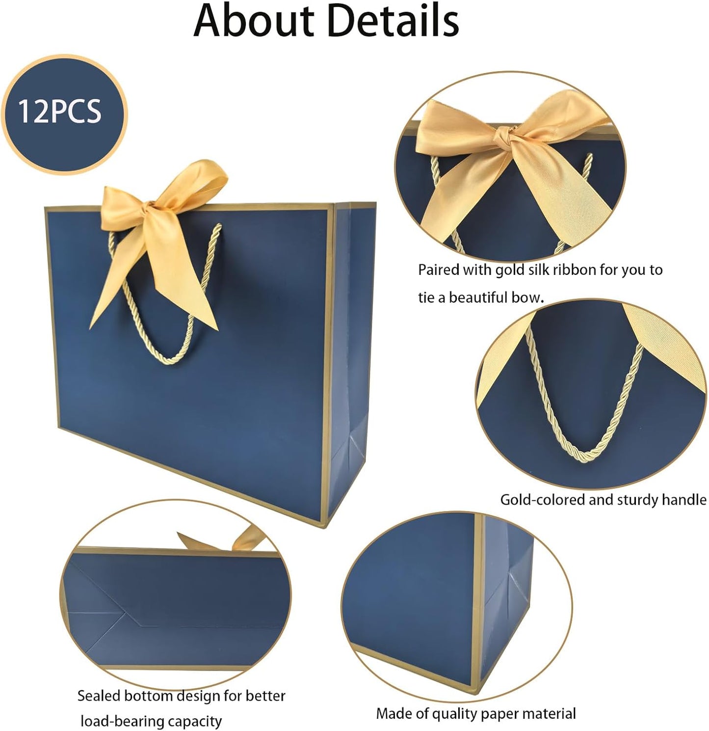 TKSBAG 12PCS Gift Bags Medium Size with Handles, 12.5 x 9.8 x 4.3 In Navy Blue Thank You Bags with Bow Ribbon for Wedding, Birthday, bridesmaid, Groomsmen, Party Favors, Thanksgiving, Christmas