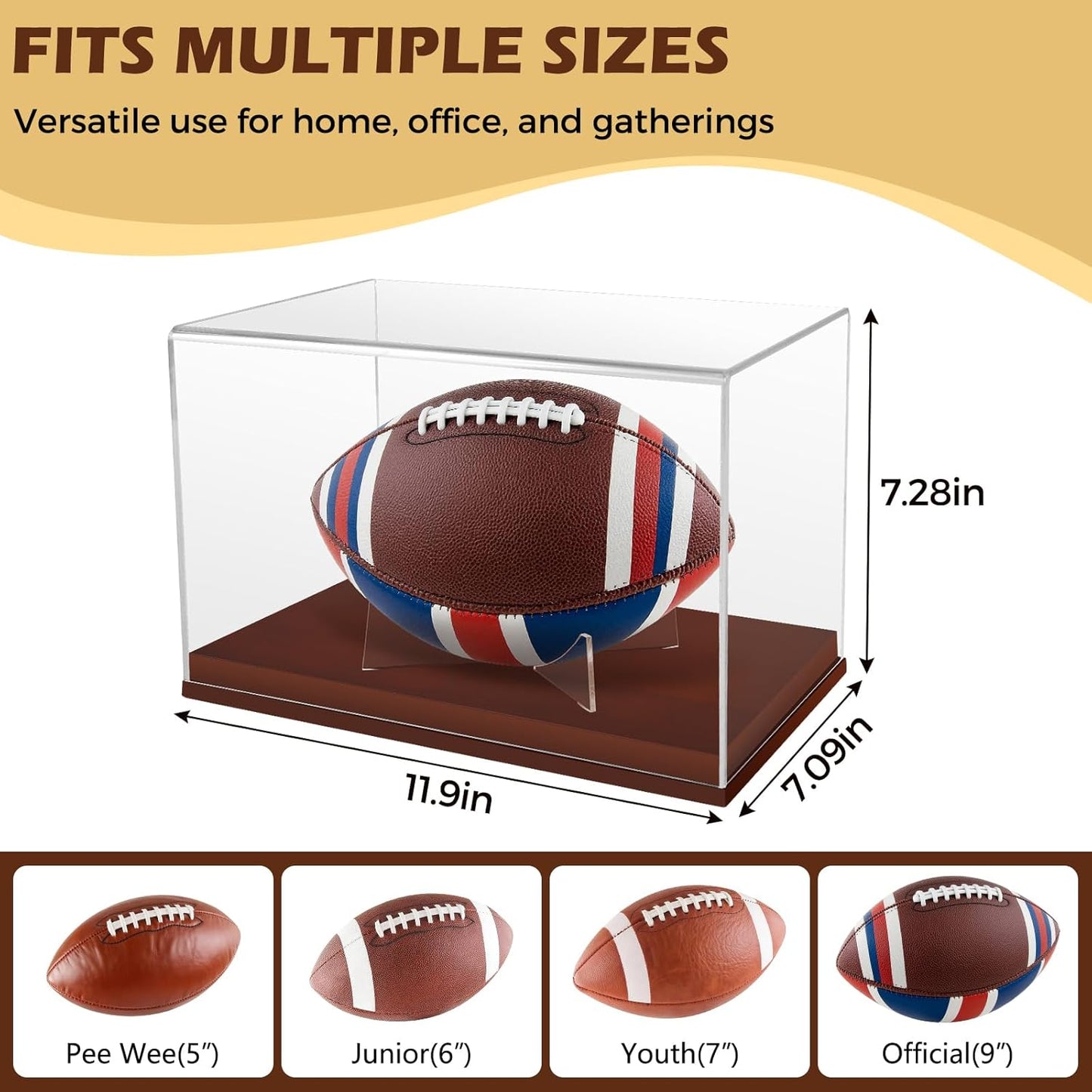 Full Size Football Display Case, Acrylic Football Case Display Case Autographed Football Holder, Acrylic Transparent Box with Wooden Support and Solid Wood Base