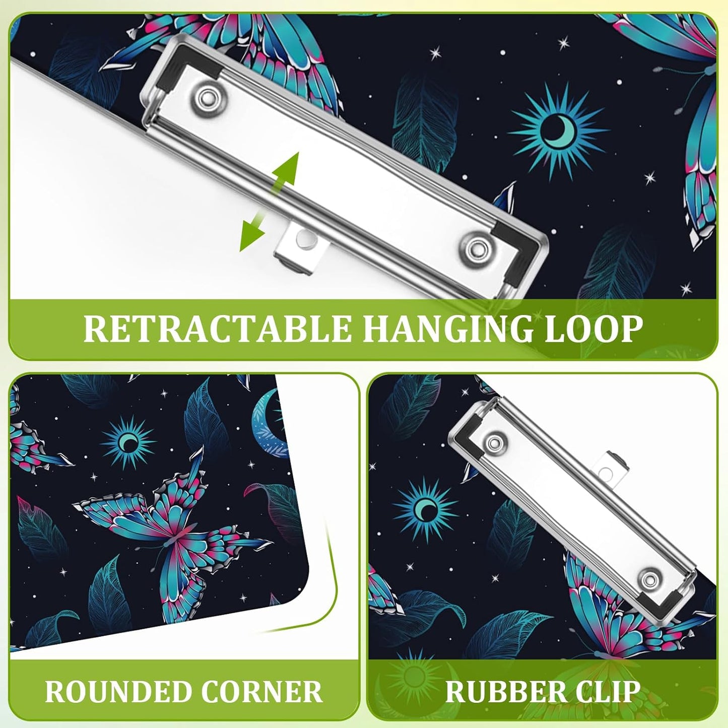 Butterfly Clipboard,Decorative Moon Acrylic Clipboard with Low Profile Metal Clip for Office,School,Teachers,Students Standard Letter Size 9x12.5