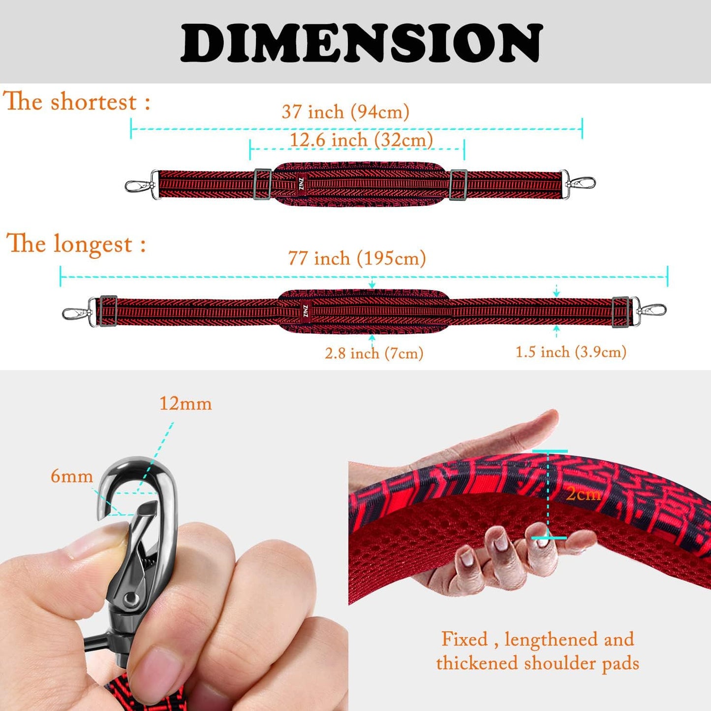 ZINZ 77 Inch Shoulder Strap Univesal Bag Strap with Fixed Pad Ultra Thick Plus Long & Breathable Cushion, Replacement Strap for Bags,Black Red Jacquard