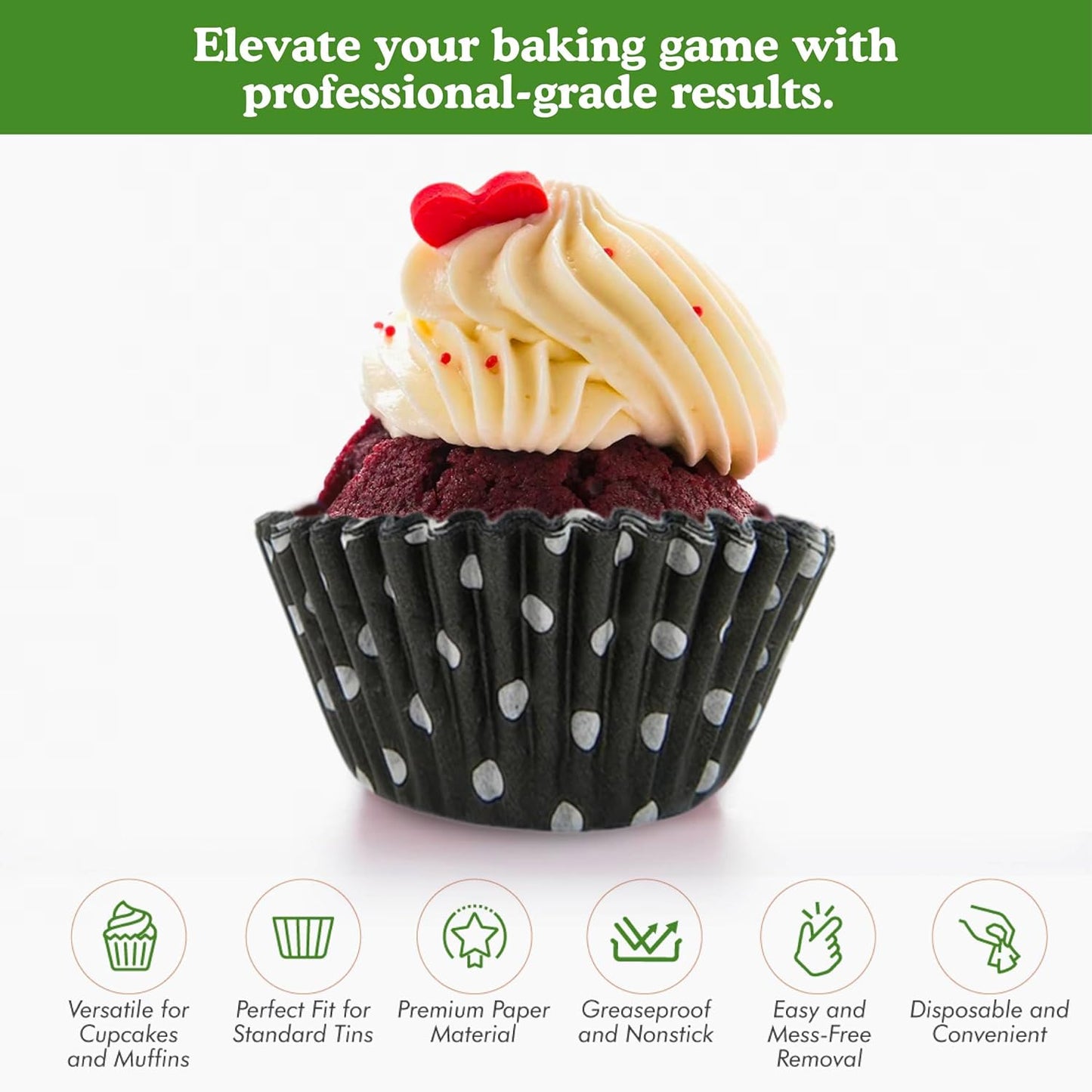 Regency Wraps Greaseproof Professional Grade Baking Cups, Pack of 40, Standard Liners, Black Polka Dots, for Cupcakes, Muffins, Candy, Non Stick