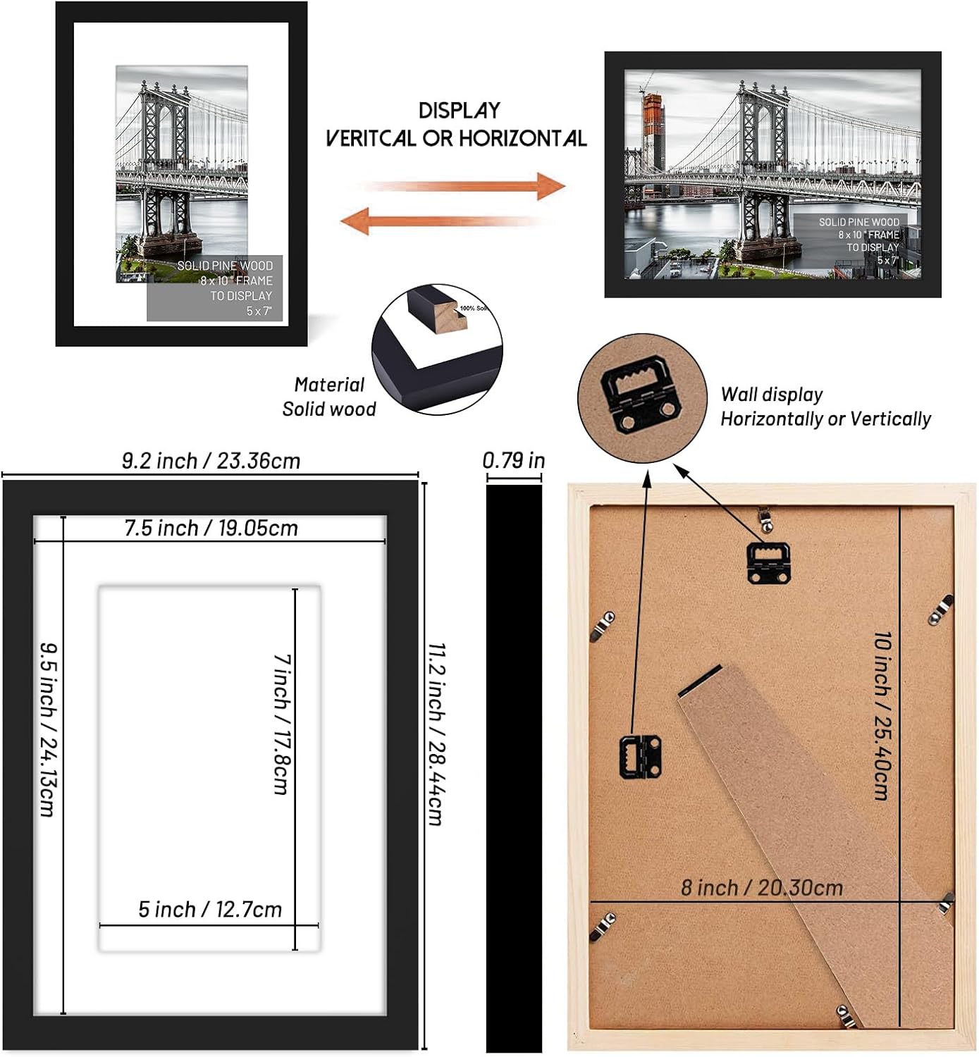 8x10 Solid Wood Picture Frames - 5x7 with Mat or 8x10 without Mat - Poster Photo Frame Art with Wall Mounting or Table Top (Black)