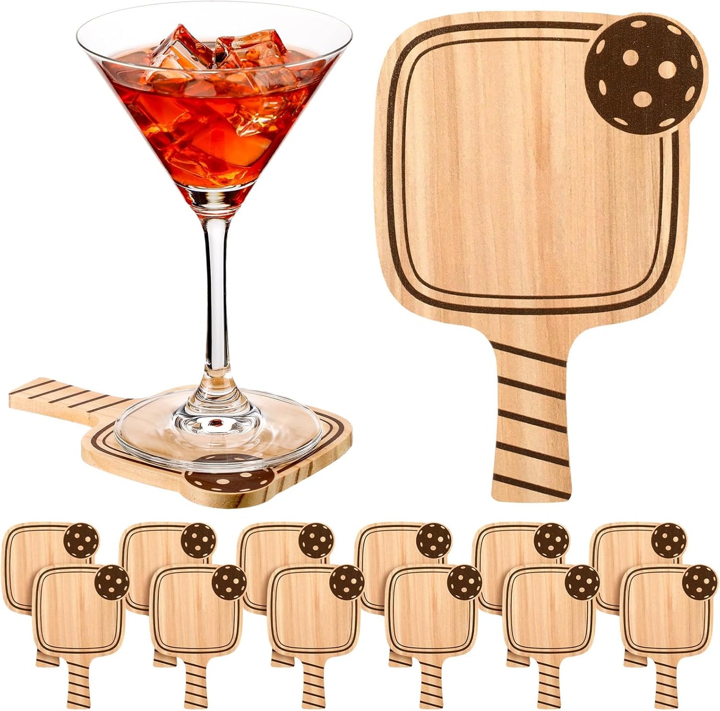 Hushee 12 Pcs Dinkball Drink Coasters Wood Coasters Set Paddle Shape with Handle Funny Gift for Women Men Sports Lovers Fans Party Favors Decorations (Wood)