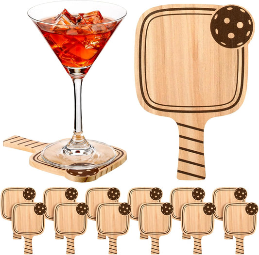 Hushee 12 Pcs Dinkball Drink Coasters Wood Coasters Set Paddle Shape with Handle Funny Gift for Women Men Sports Lovers Fans Party Favors Decorations (Wood)
