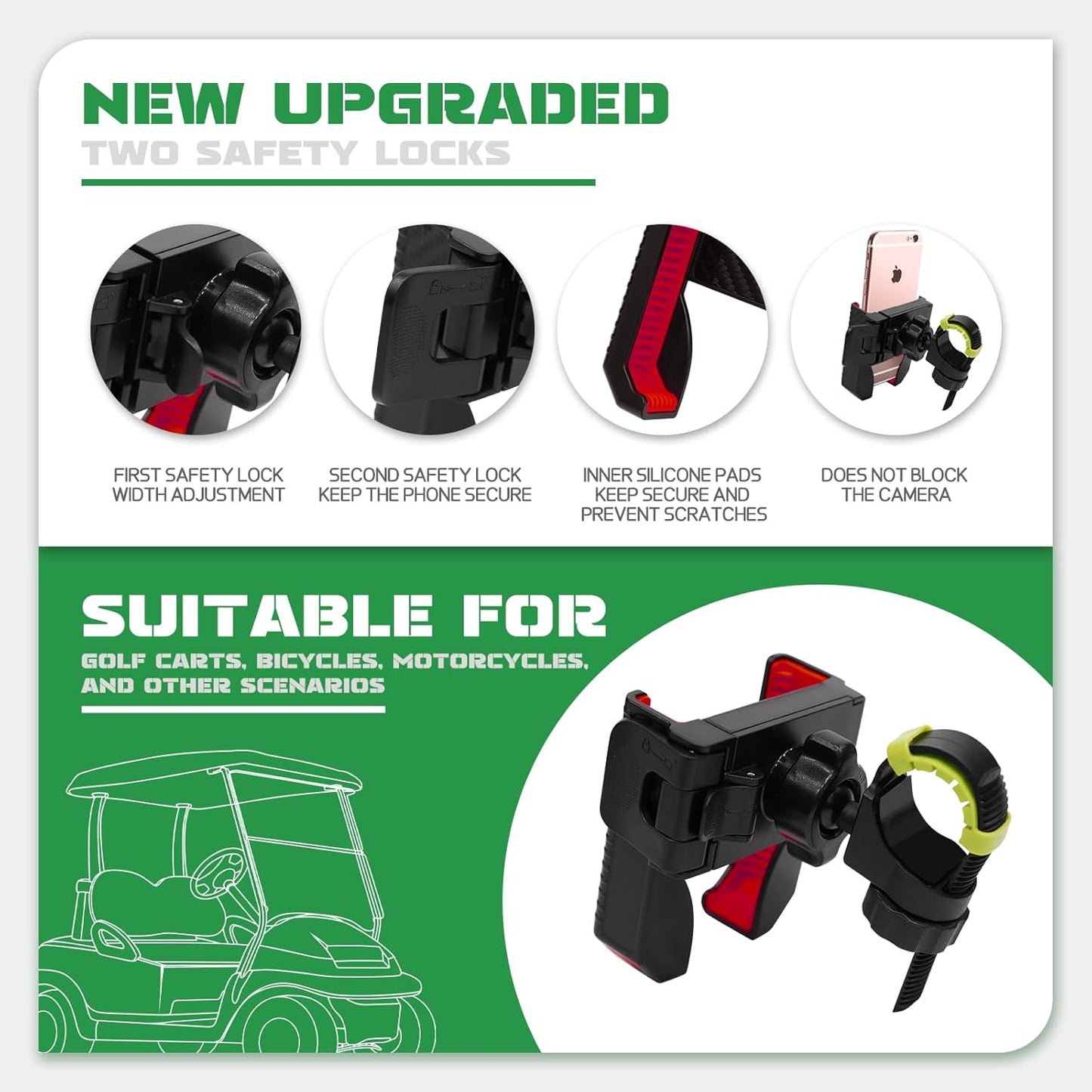 Golf Cart Phone Holder for EZGO Club Car Yamaha, Widely Use for Golf Push Cart Motorcycle Bike Treadmill Scooter Phone Mount, Compatible with iPhone/Samsung/Pixel All Phones, Golf Cart Accessories