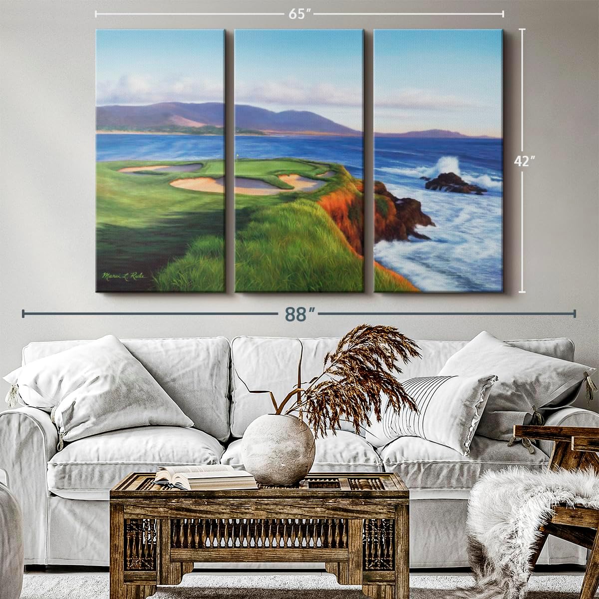 ElephantStock Pebble Beach 7th Hole Wall Art - Horizontal Canvas - 3-Piece Living Room Wall Decor - Painting Sports Canvas Print - Green and Blue Decor for Wall by Marci Rule - 65" X 42"