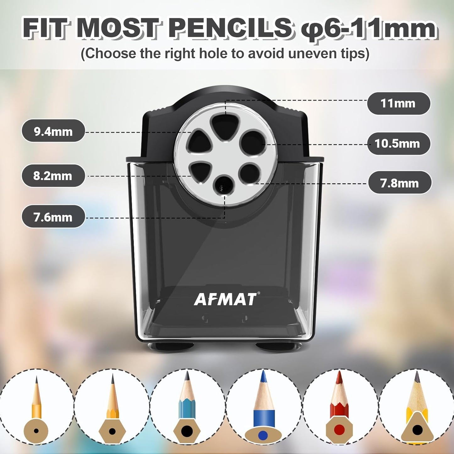 AFMAT PSX4 Electric Pencil Sharpener Heavy Duty, 6-Hole Classroom Pencil Sharpener for 6-11mm Pencils, Auto Stop Pencil Sharpeners Plug in, 10,000+ Sharpenings, Save Colored Pencils, Gray