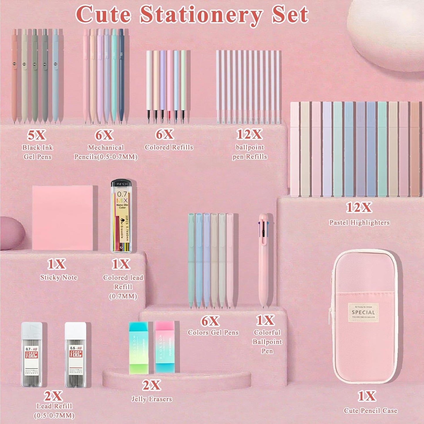 55 PCS Aesthetic School Supplies Set: Large Pencil Case with 5 Inspirational Pens,12 Pastel Highlighters, 6 Morandi Gel Pens, 6 Mechanical Pencils (0.5/0.7mm) for Student Essentials & College Girls