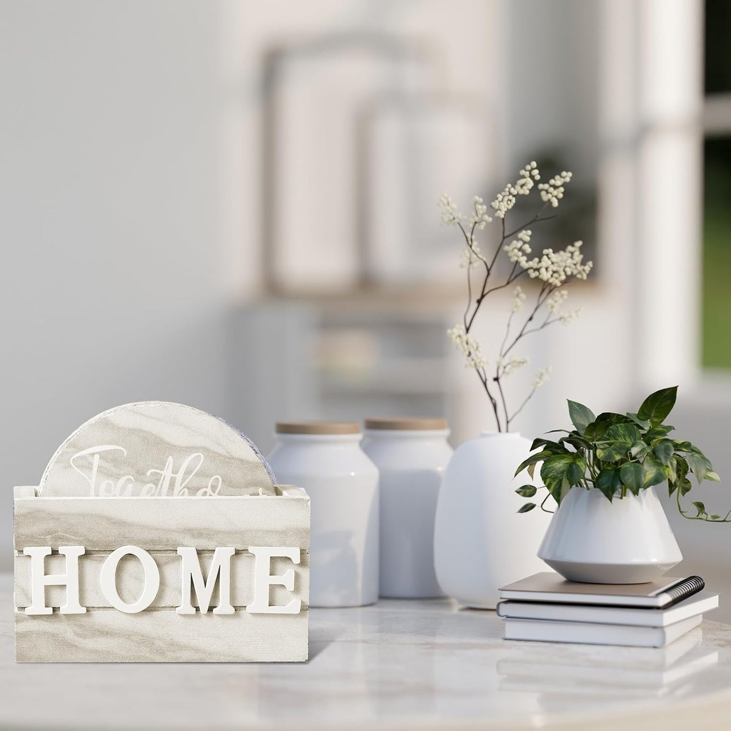 Queekay Housewarming Gifts for Home Decoration Wooden Heart Coasters for Drinks 6 Set Farmhouse Coasters with Holder Funny for Family Coffee Table Protection, 4''(Brown Marble)