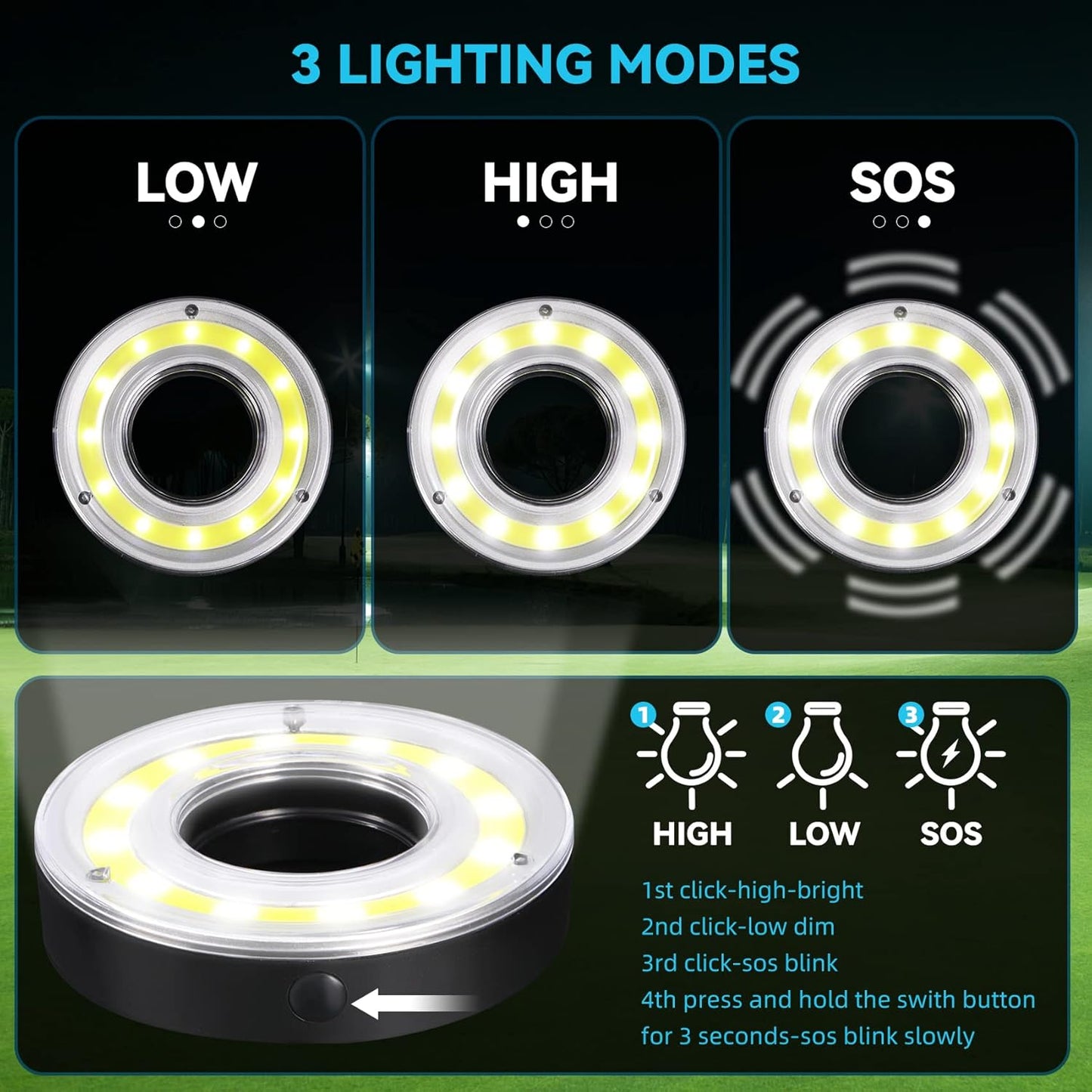 Putting Green Lights 2 Pack - Led Golf Hole with Carabiner, Night Golf Lights with Lens, Light Up Putting Cup for Night Time Play, Chipping Practice