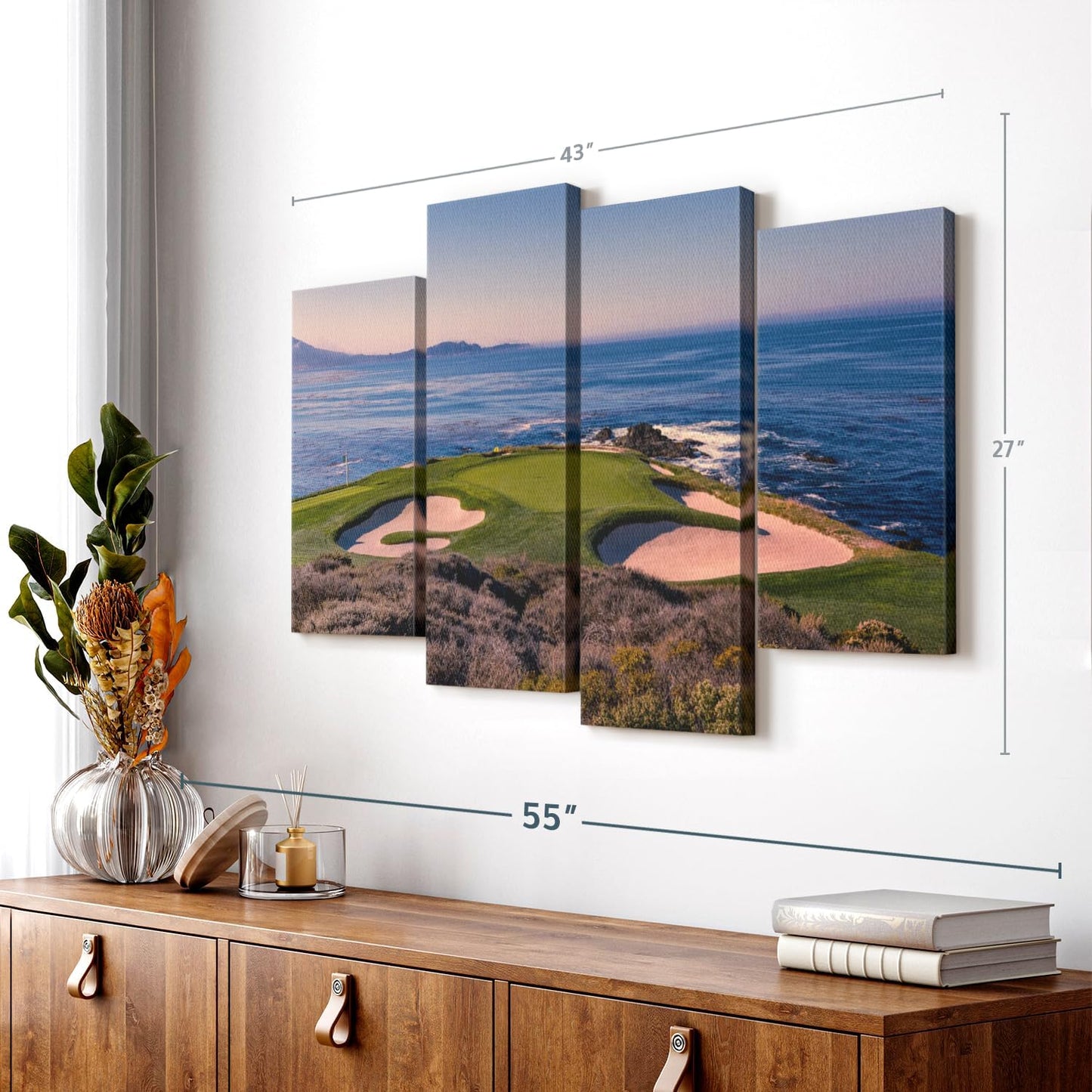 Elephant Stock Pebble Beach Golf Club Wall Art - Horizontal Canvas - 4-Piece Living Room Wall Decor - Luxury Photography Canvas Print - Beige and Blue Decor for Wall - 43" X 27"