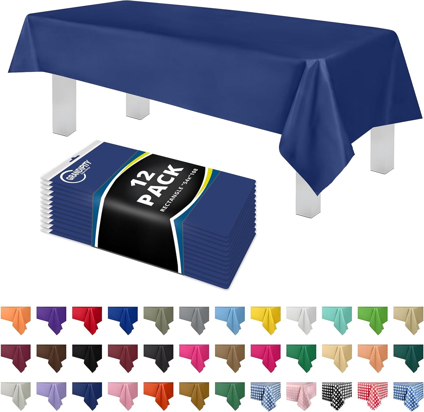 Grandipity 12 Pack Premium Disposable Plastic Tablecloth 54 Inch. x 108 Inch. Decorative Rectangle Table Cover - Navy Blue