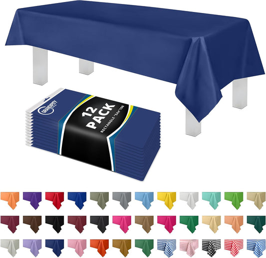 Grandipity 12 Pack Premium Disposable Plastic Tablecloth 54 Inch. x 108 Inch. Decorative Rectangle Table Cover - Navy Blue
