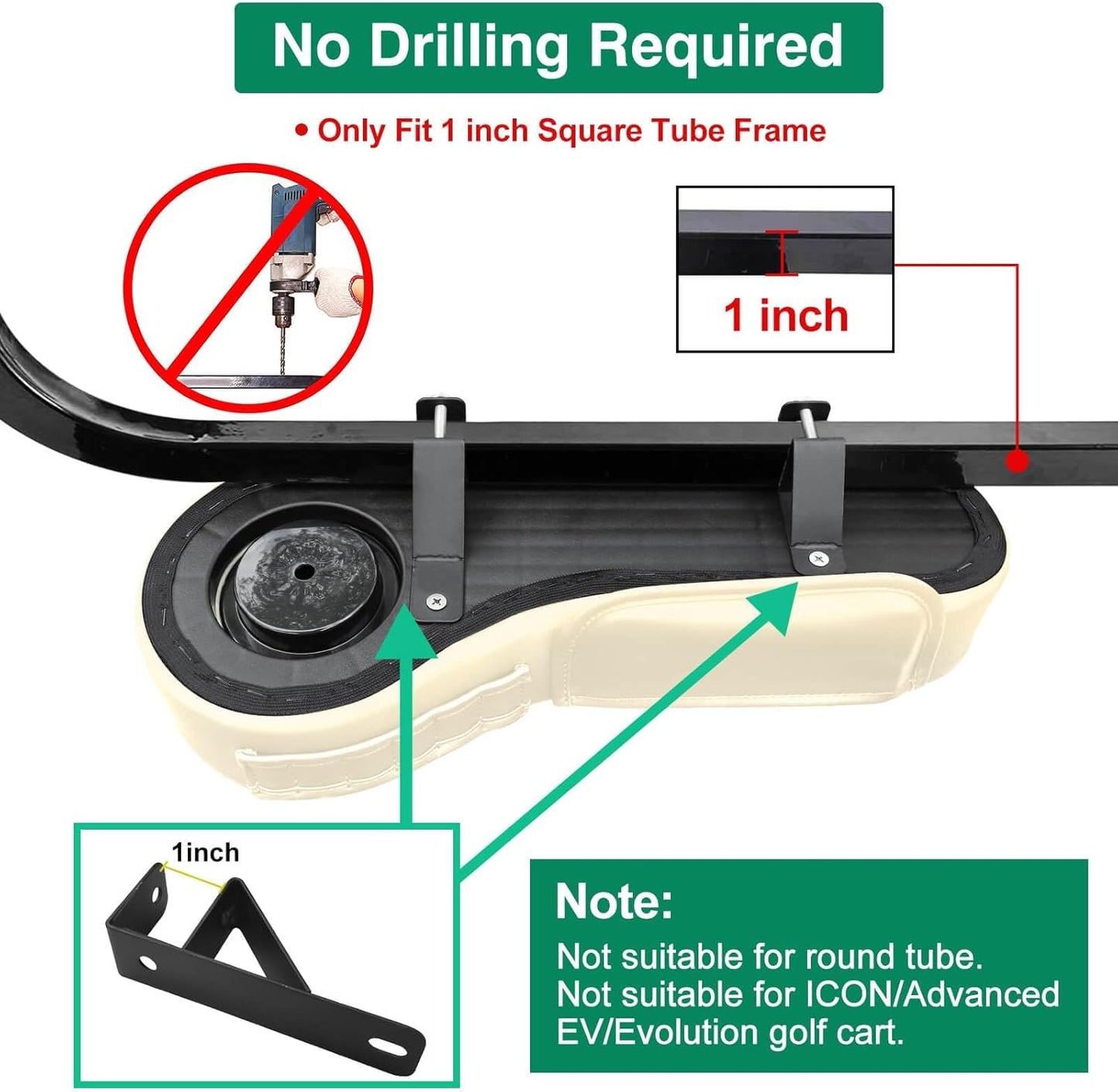 No Drilling Golf Cart Armrest with Cup Holder Phone Bag Golf Tree Holder for Rear Seat, Triangle Support Frame Fits 1" Side Square Tube EZGO Club Car DS Precedent Yamaha Golf Carts Arm Rest