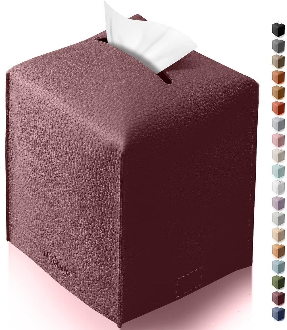 Tissue Box Cover for PU Leather, Modern Simple Solid Color Holder Square Tissue Bag, Ideal for Bathrooms,Office,Car,Nightstand,Outdoor Tent,Dining Table,5"X5"X5", Single Wine