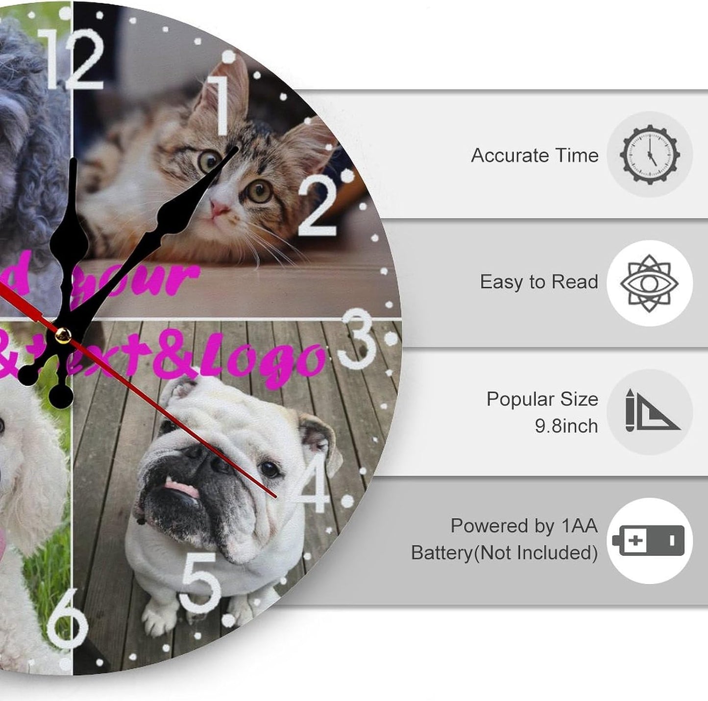 Custom Wall Clock,Personalized Wood Clock add Your Photo/Text,Customizable Silent Round Decoration for Kitchen Bathroom 13.4inch style4