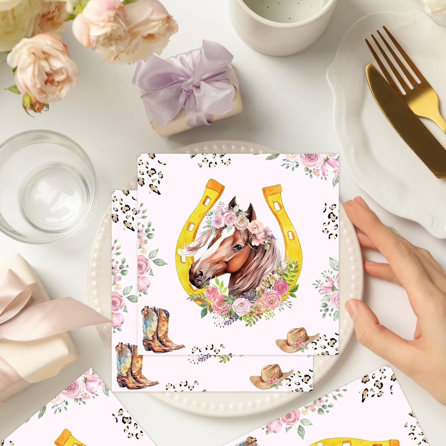 Horse Birthday Napkins Decorations for Girls, 50PCS Floral Cowgirl Party Napkins Decor, Disposable Western Horse Paper Napkins Set Supplies Size 6.5 Inch