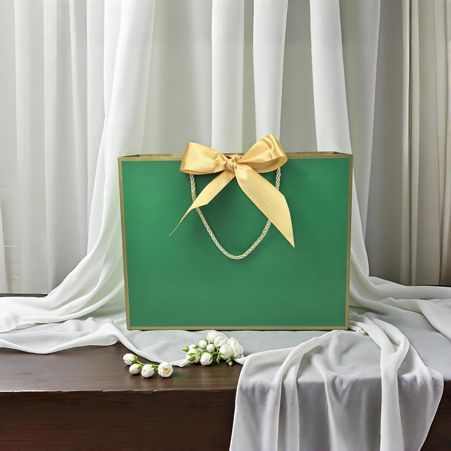 TKSBAG 12PCS Gift Bags Medium Size with Handles, 12.5 x 9.8 x 4.3 In Green Gold Thank You Bags with Bow Ribbon for Wedding, Birthday, bridesmaid, Party Favors, Thanksgiving, Christmas