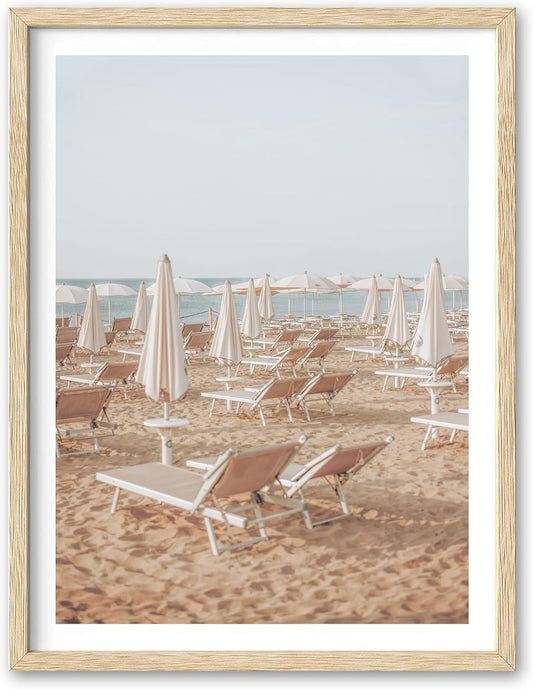 HesenDot Natural OAK Wood Framed Italy Beach Wall Art,12x16in Amalfi Coast Canvas Wall Print,Positano Seascape White Beach Chair Wall Decor for Living Room, Bedroom,Office Gallery Set of 1