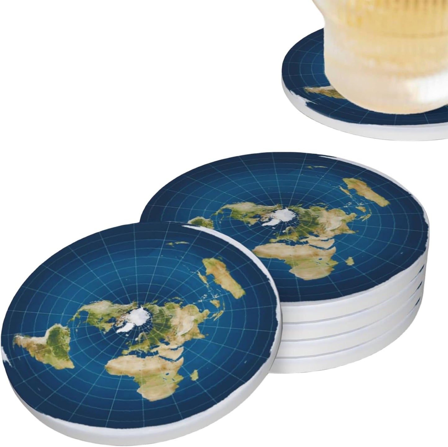 Flat Earth Map Model Coasters for Drinks Set of 4, Absorbent Ceramic Drink Coasters for Coffee Table Wooden Table Cup Bar, 4 Inches