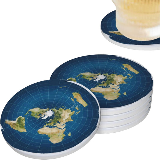 Flat Earth Map Model Coasters for Drinks Set of 4, Absorbent Ceramic Drink Coasters for Coffee Table Wooden Table Cup Bar, 4 Inches