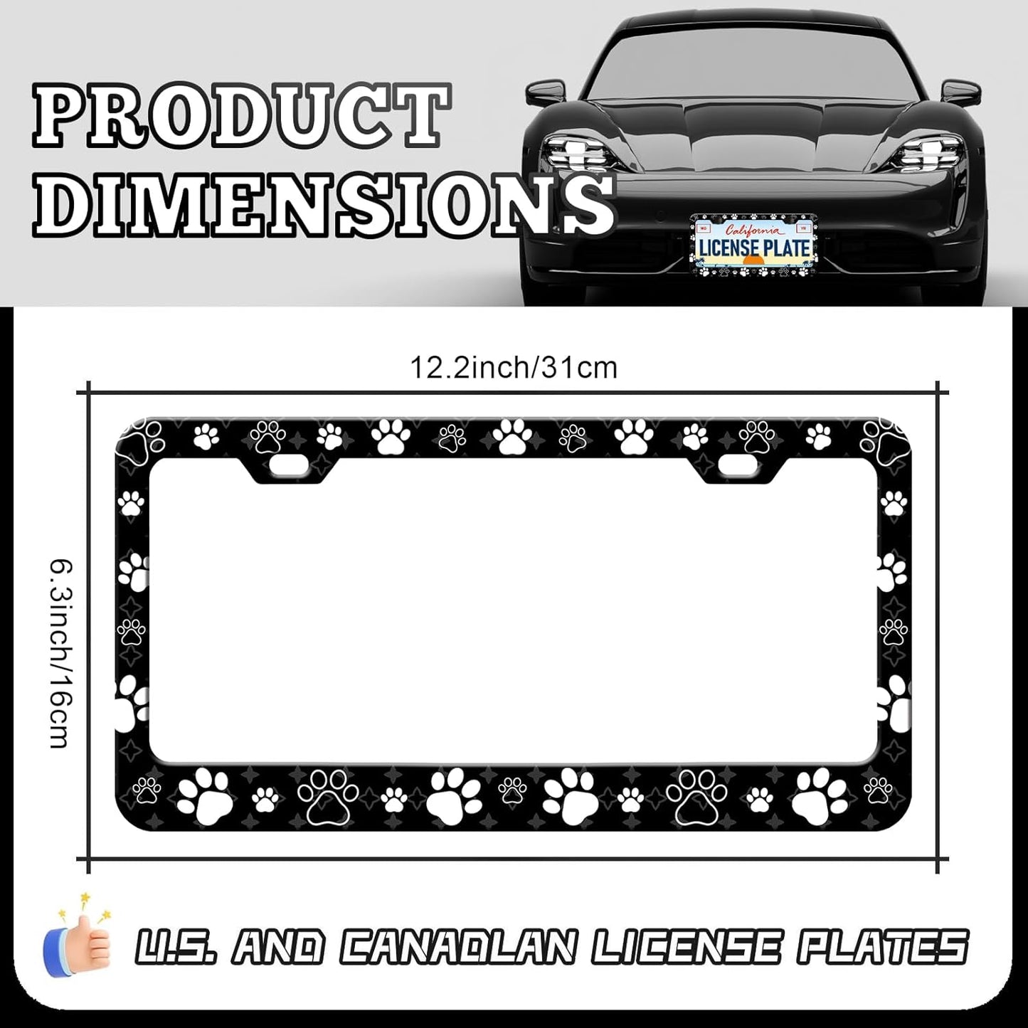 Dog Paw Print License Plate Frames - 2 Pack Front Rear Cute Dog Paw License Plates Holder Covers, Aluminum Metal Rust-Proof Waterproof Car Tag Frame with Screws Fasteners Caps